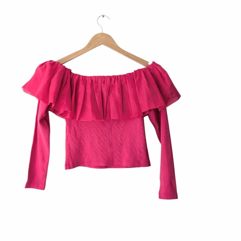 NWT! Anthropologie Pink Off-The-Shoulder Organza Ruffle Top - Picture 2 of 9